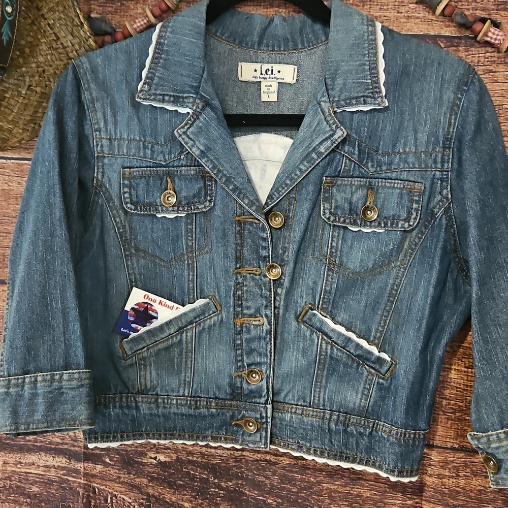 HANDMADE" ☆OKD  "L.e.i." "WINDOW FLOWERS" UpPURPOSED JEAN JACKET! 💙 LG
